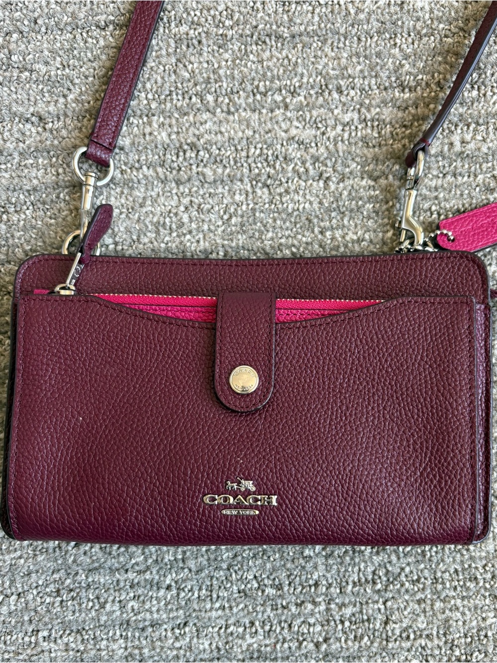 Coach Merlot Pebbled Leather Crossbody Bag with Pink Accent